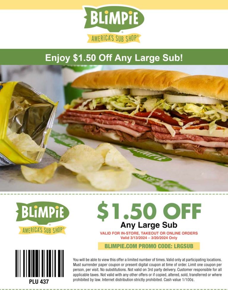 $1.50 off any large sub sandwich at Blimpie via promo code LRGSUB