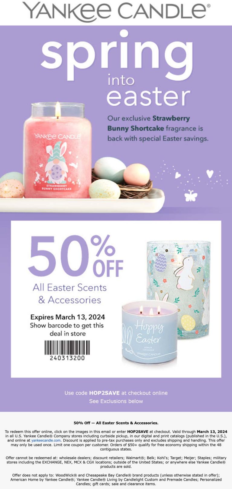 50% off Easter scents today at Yankee Candle, or online via promo code HOP2SAVE