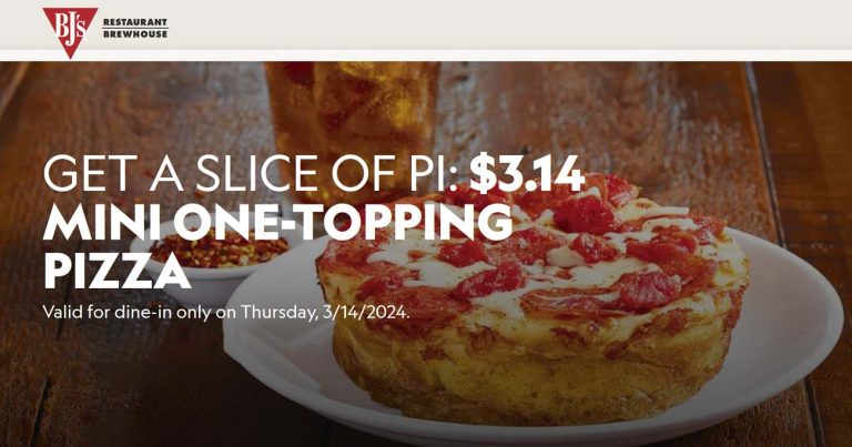Mini 1-topping pizza for $3.14 today at BJs Restaurant brewhouse