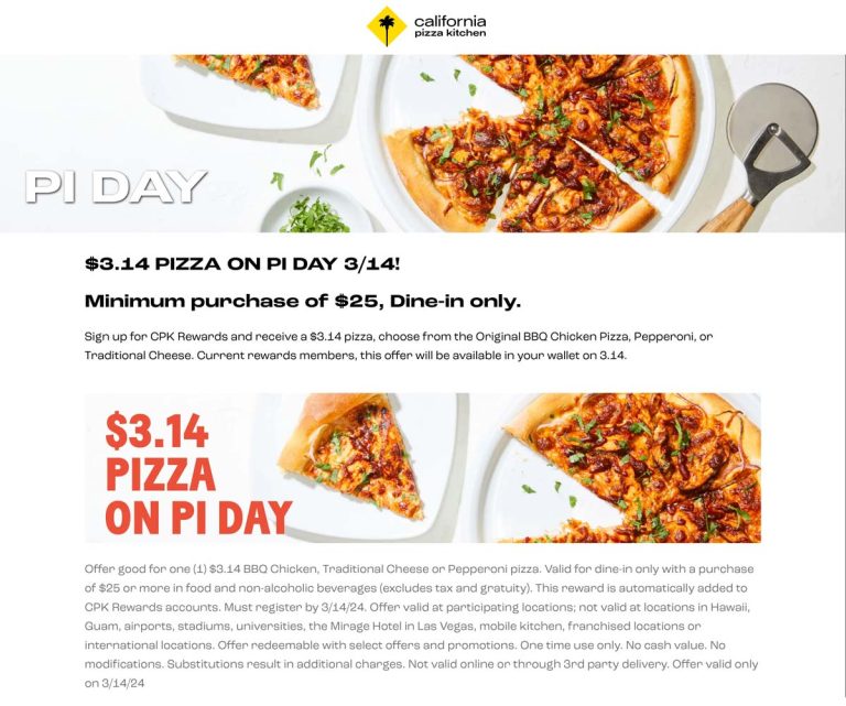$3.14 BBQ chicken or pepperoni via login today at California Pizza Kitchen