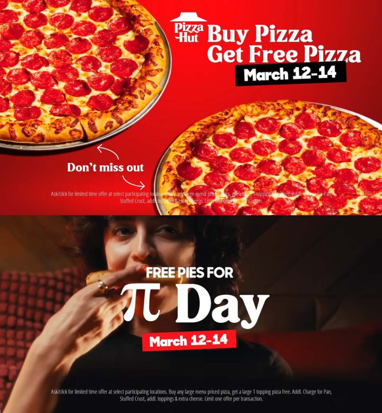 Second pizza free today at Pizza Hut via promo code FREEPIZZA
