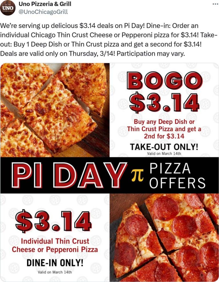 Second pizza for $3.14 today at Uno Pizzeria & Grill