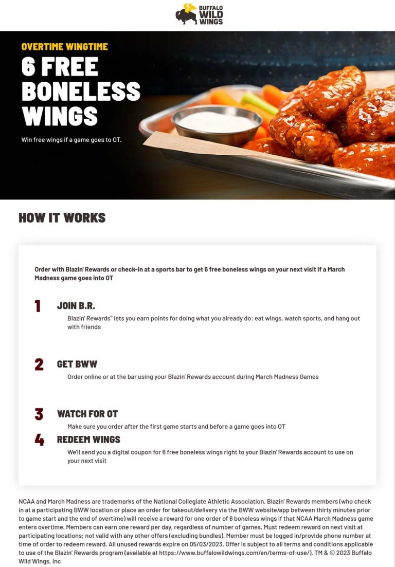 NCAA overtime = 6 free wings at Buffalo Wild Wings restaurants