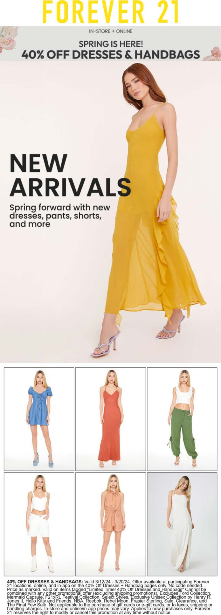 40% off dresses & handbags at Forever 21, ditto online