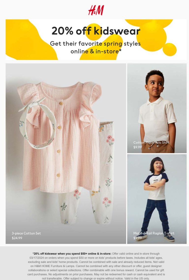 H&M coupon: 20% off $50 on kidswear today at H&M, ditto online