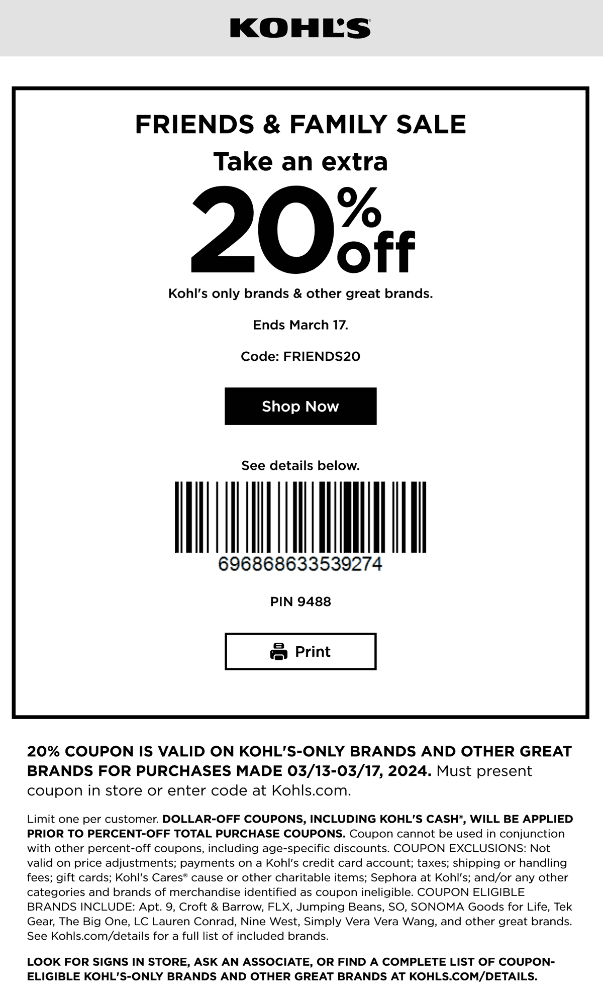 Extra 20 off today at Kohls, or online via promo code FRIENDS20 kohls