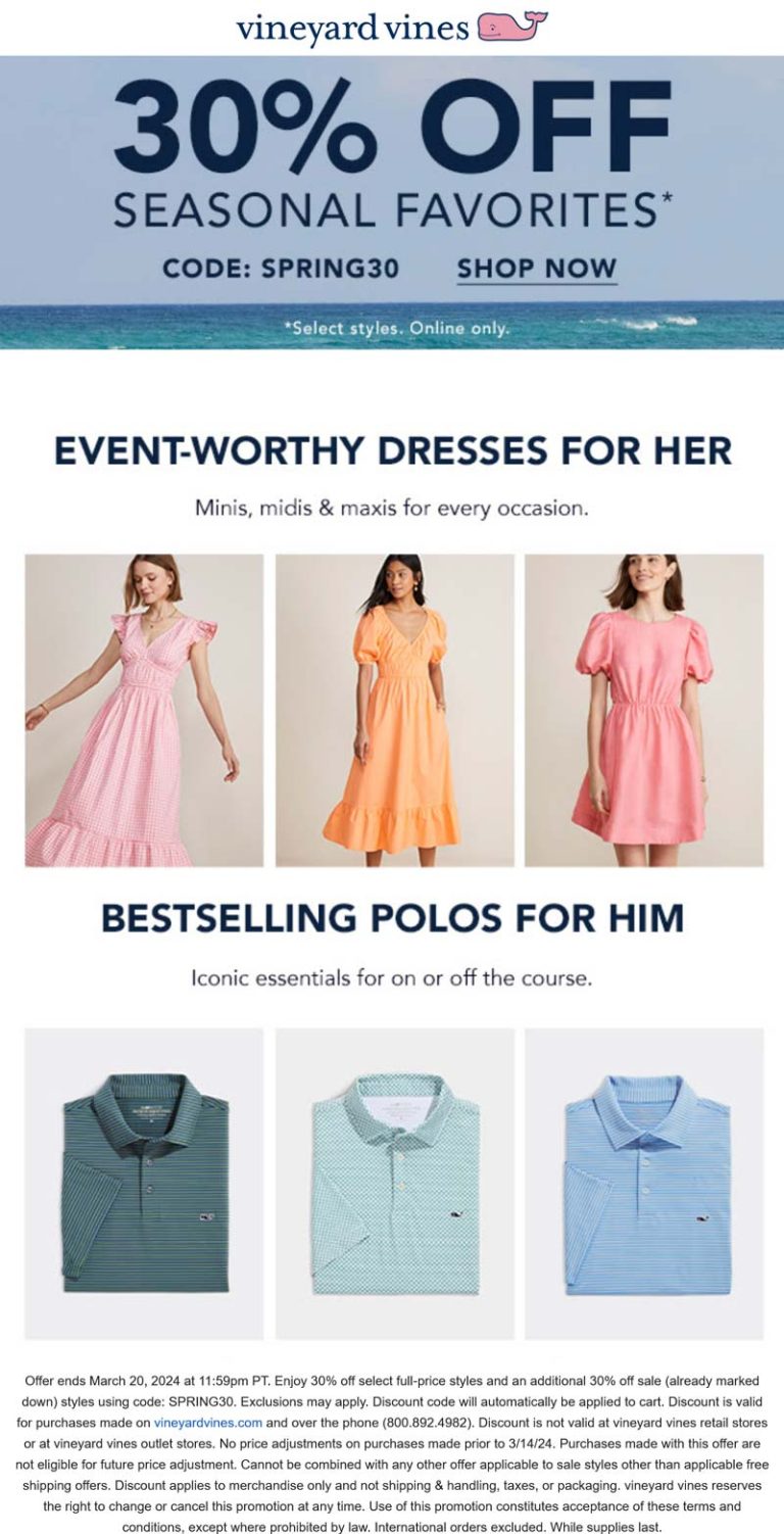 Extra 30% off at Vineyard Vines, or online via promo code SPRING30