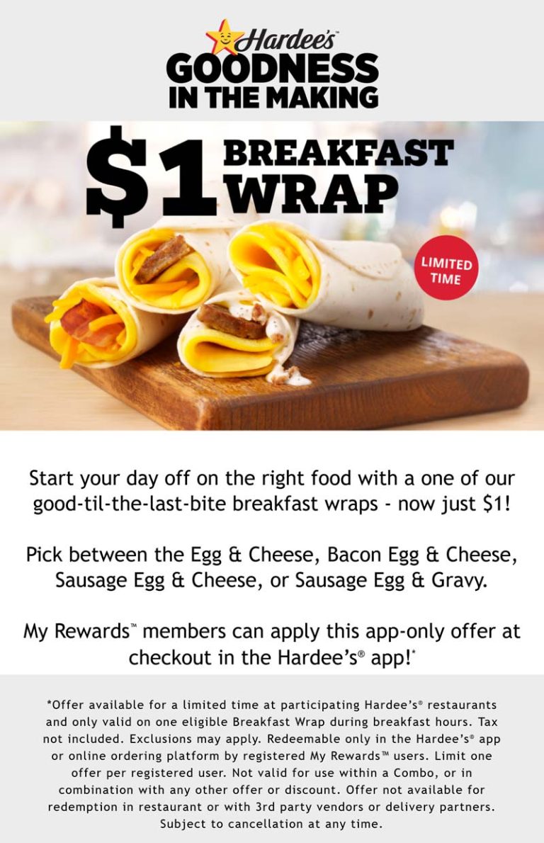 $1 breakfast wrap via login at Hardees