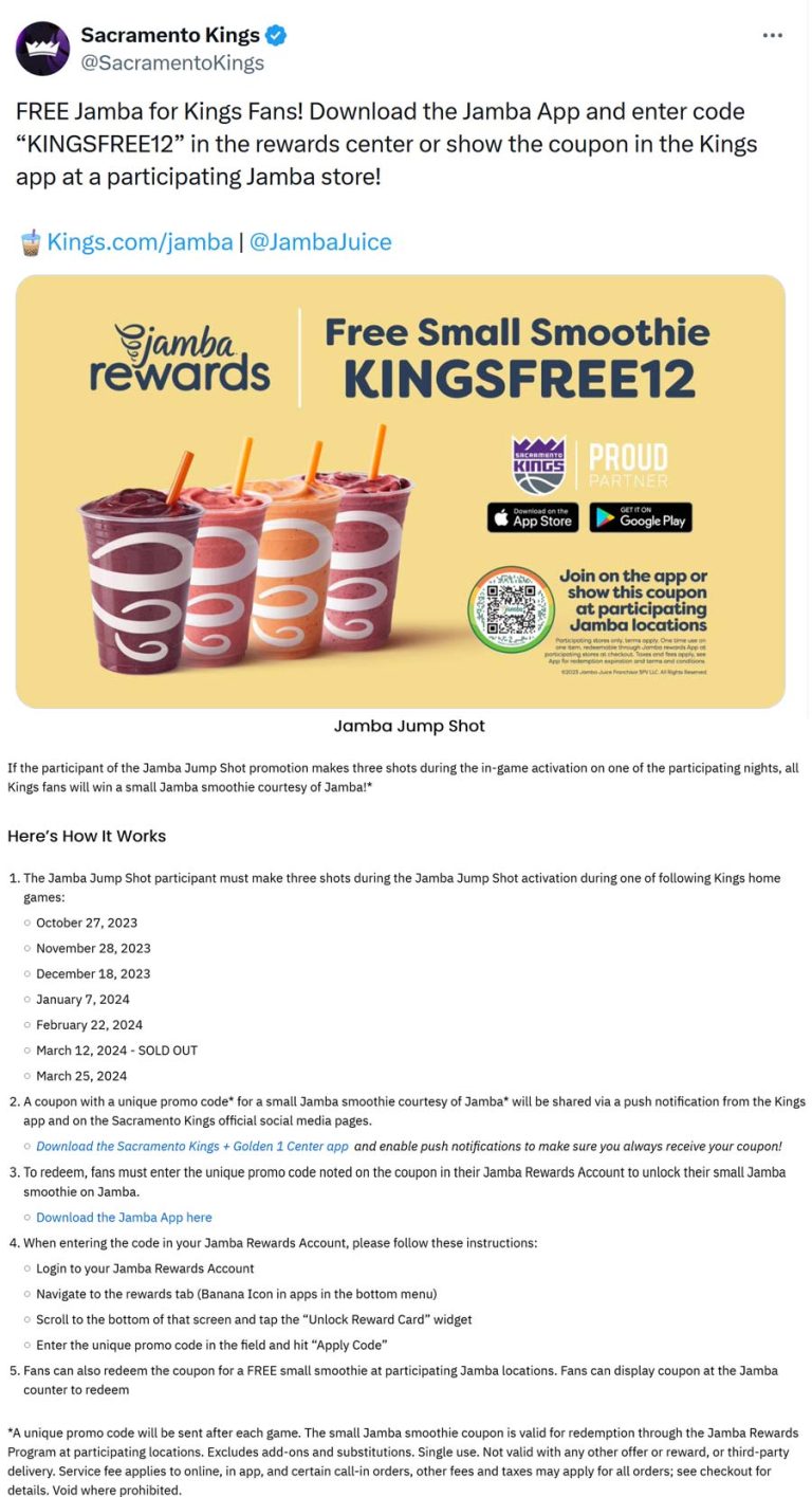 Free small smoothie at Cali Jamba locations via promo code KINGSFREE12