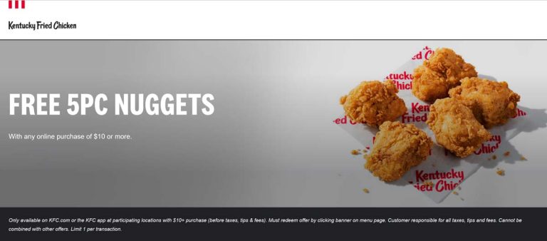 Free 5pc chicken nuggets on $10 online at KFC