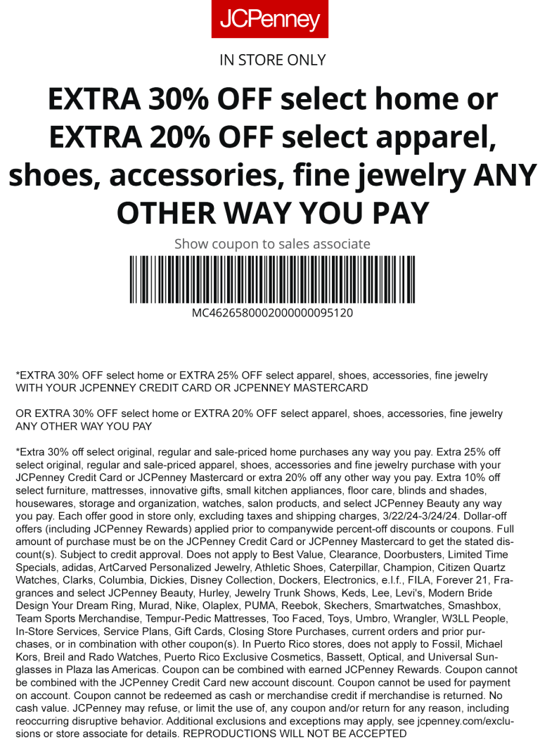 Extra 20-30% off apparel & home at JCPenney