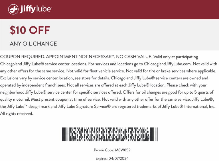 $10 off any oil change at Jiffy Lube