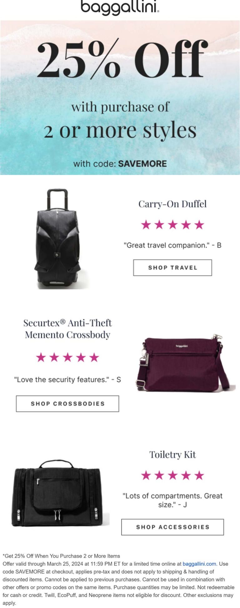 25% off 2+ styles at Baggallini via promo code SAVEMORE
