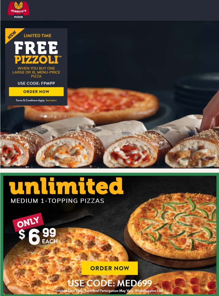 Free pizzoli with your large at Marcos Pizza via promo code FPMPP