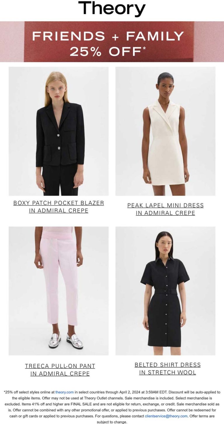 25% off everything online at Theory
