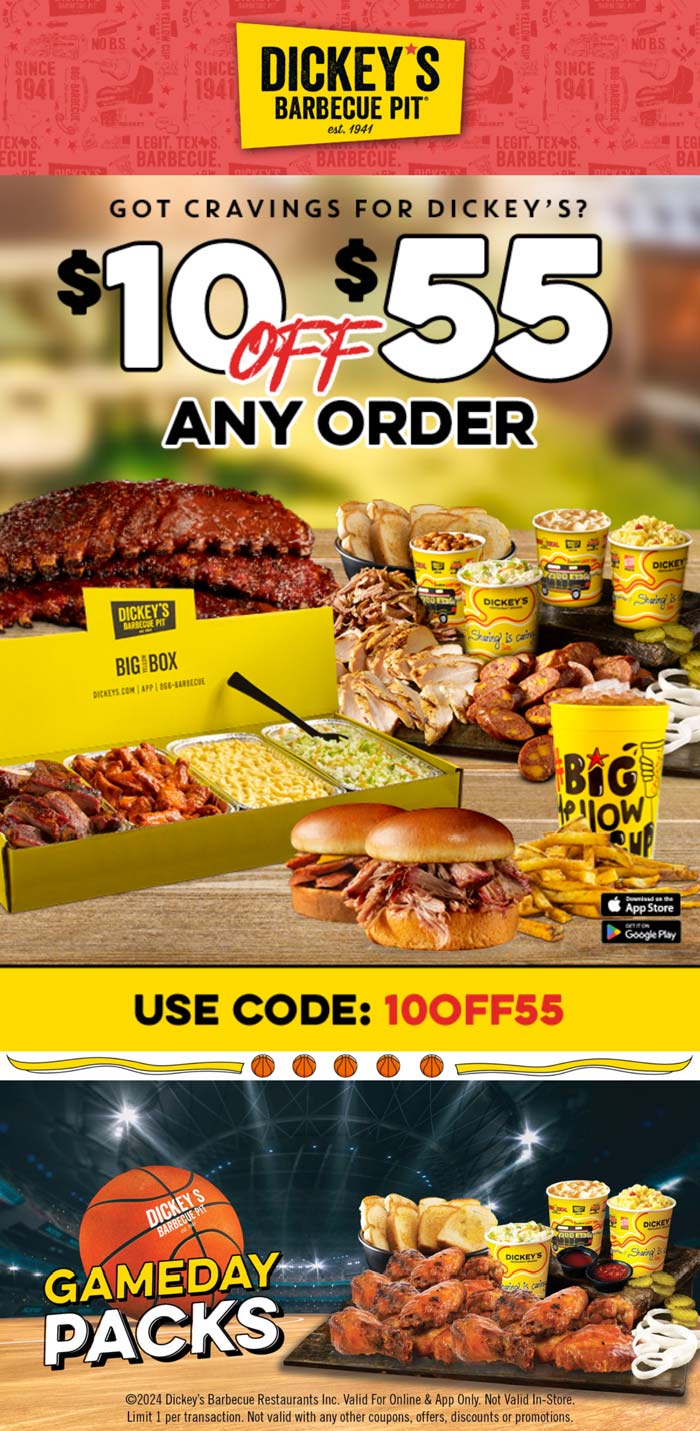 10 off 55 online at Dickeys Barbecue Pit via promo code 10OFF55 