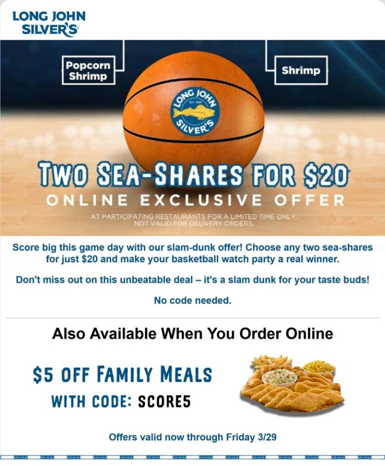 $5 off family meals & more at Long John Silvers restaurants via promo code SCORE5