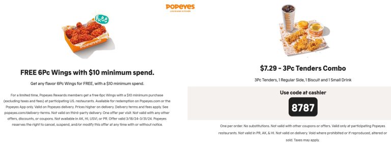 Free 6pc wings on $10 & more at Popeyes restaurants