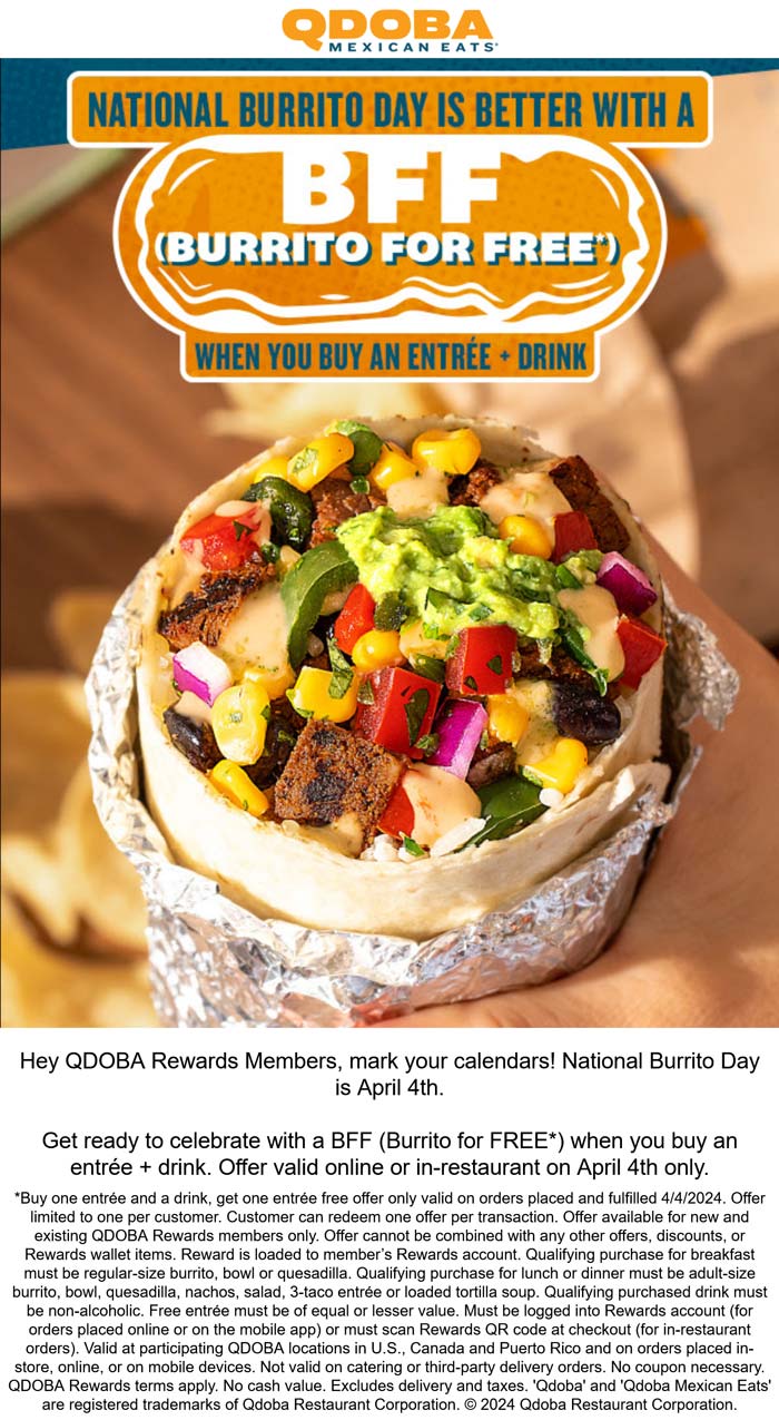 Second burrito free the 4th at Qdoba qdoba The Coupons App®