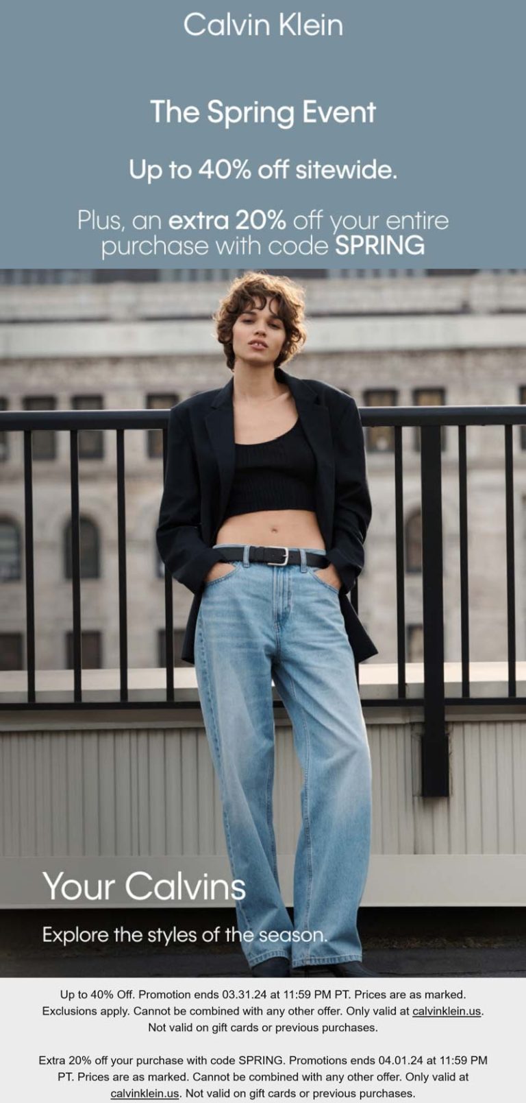 Extra 20-40% off at Calvin Klein via promo code SPRING