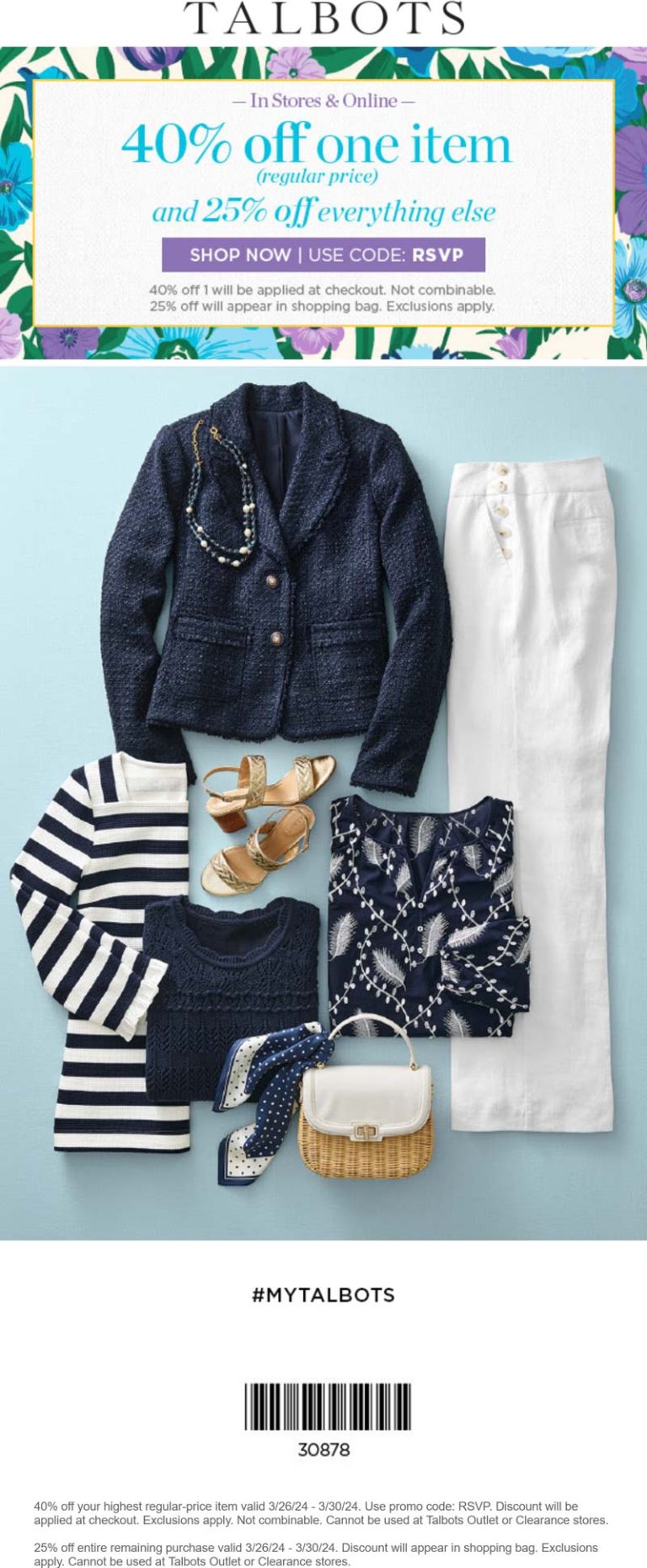 40% off a single item & 25% everything else at Talbots, or online via promo code RSVP