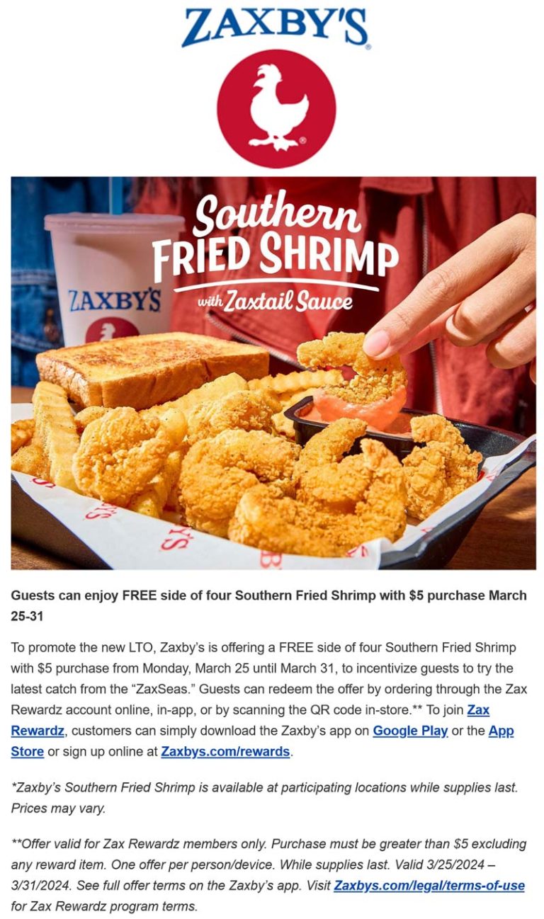 Free 4pc shrimp on $5 at Zaxbys restaurants