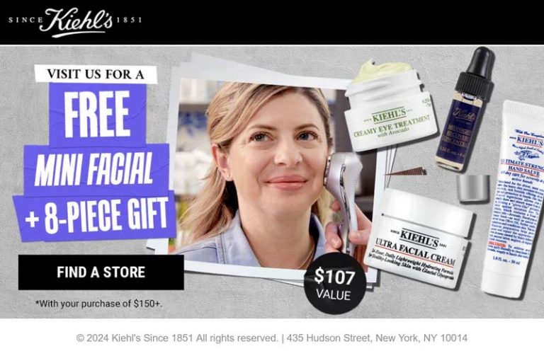 Free facial & 8pc set on $150+ at Kiehls