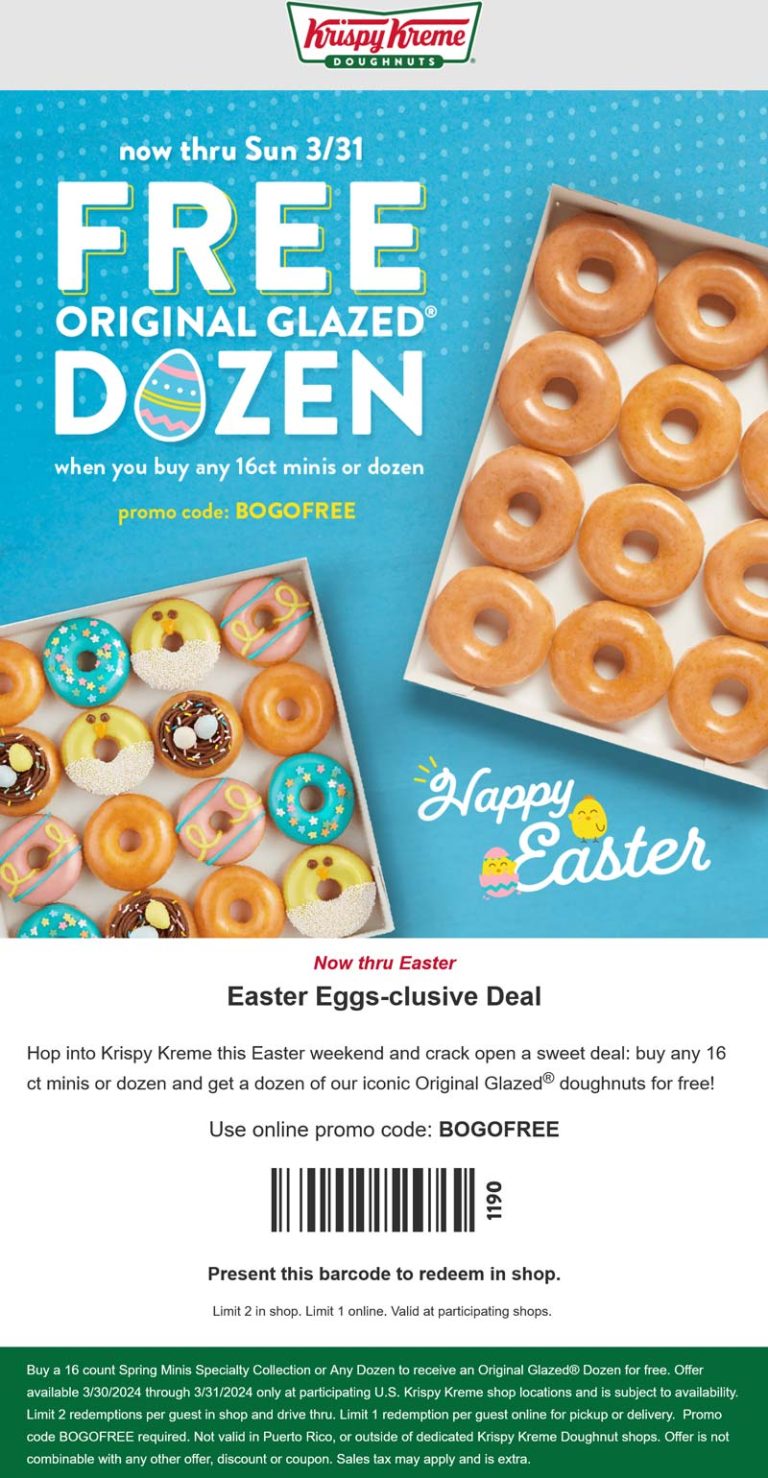 Second dozen doughnuts free at Krispy Kreme, or online via promo code BOGOFREE