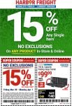 15% off any item at Harbor Freight, or online via promo code 96136825 #harborfreight