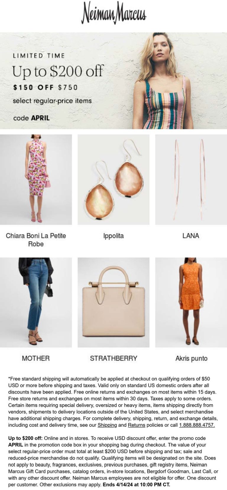 $50 off $200 & more at Neiman Marcus via promo code APRIL