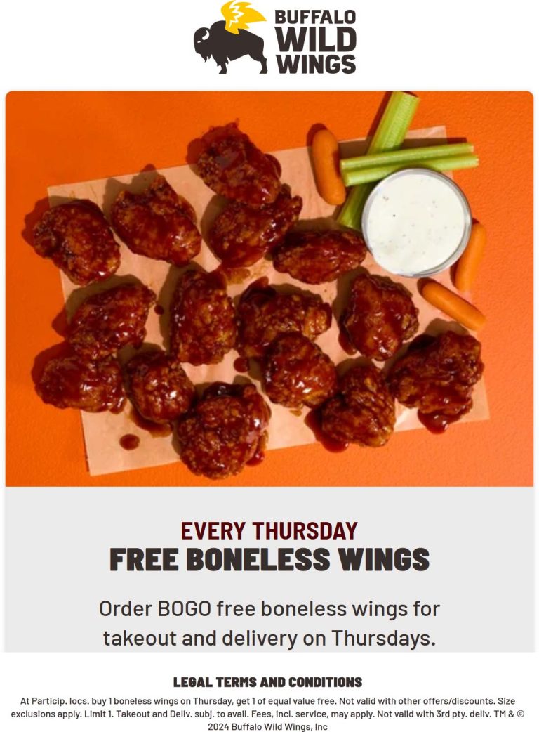 Second boneless wings free today at Buffalo Wild Wings restaurants