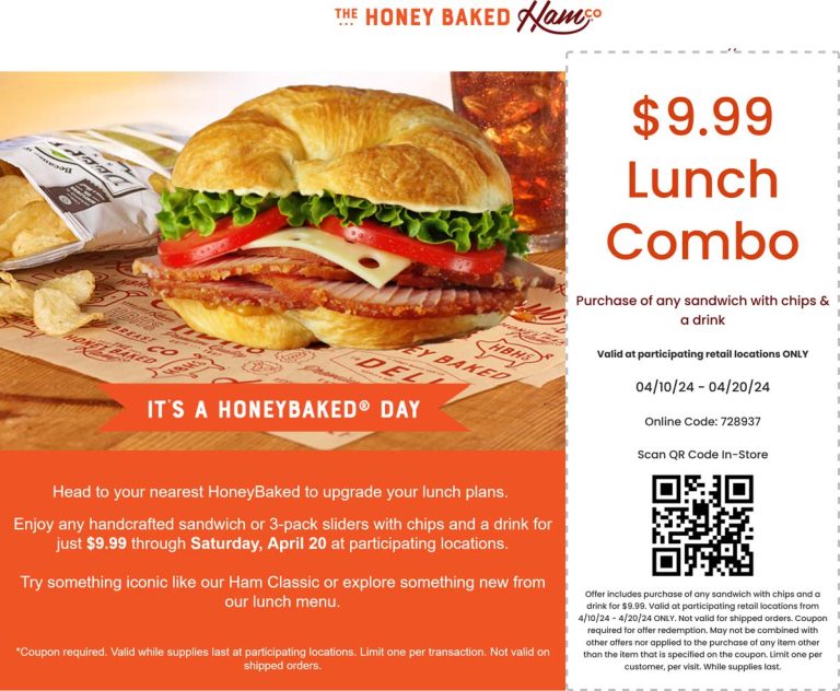 $10 lunch combo meal at Honeybaked Ham, or online via promo code 728937