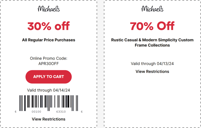 30% off at Michaels, or online via promo code APR30OFF