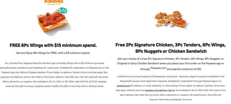 Free 6pc chicken wings on $15 online at Popeyes