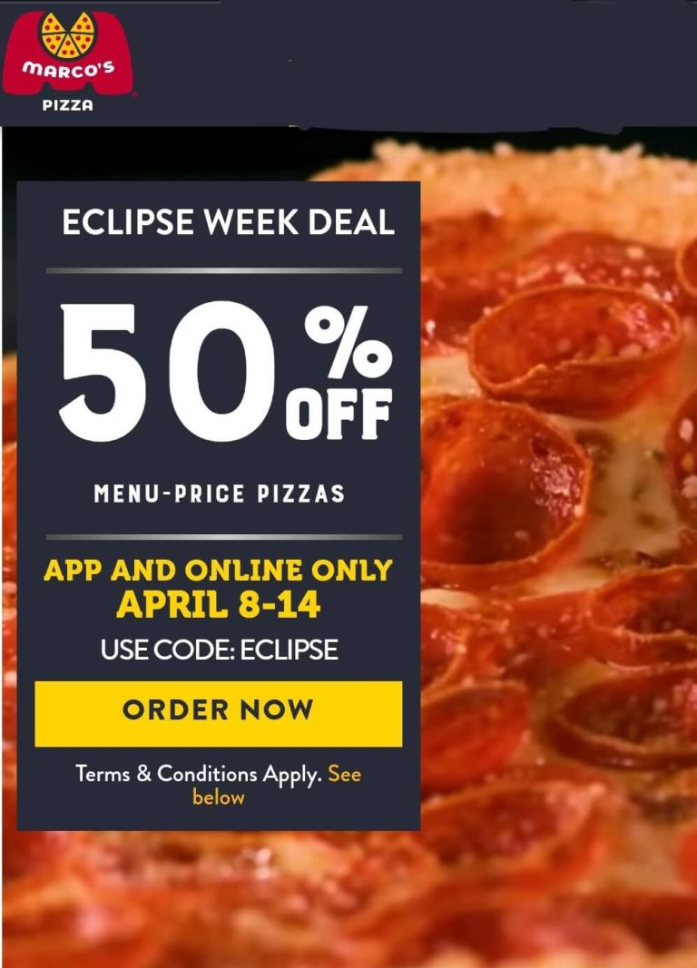 50% off pizza online at Marcos via promo code ECLIPSE