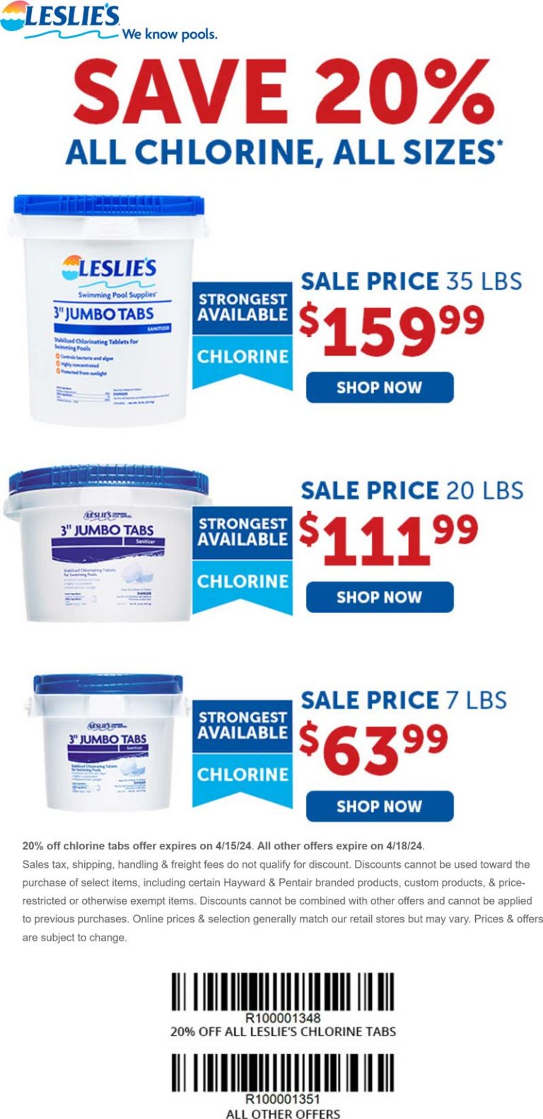 20% off all chlorine at Leslies pool supplies
