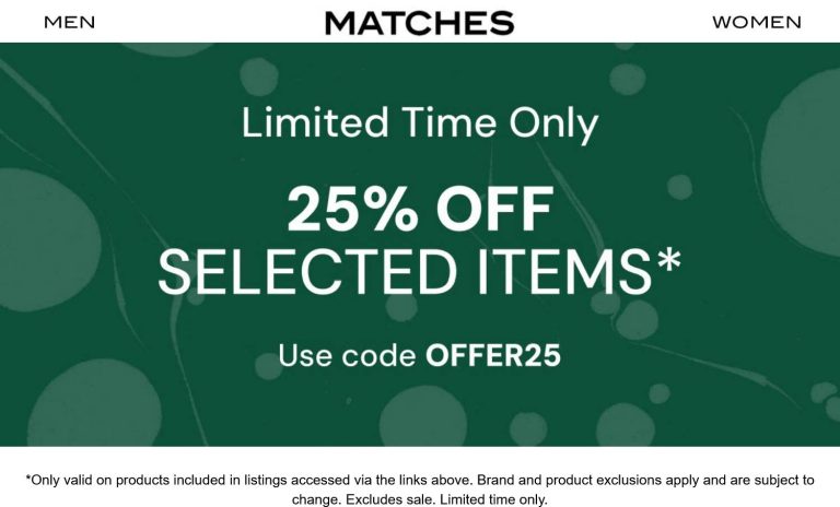 25% off online at Matches via promo code OFFER25