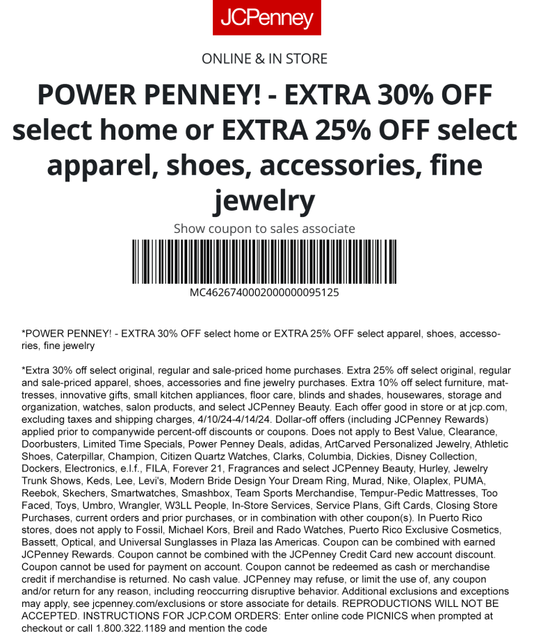 Extra 25% off today at JCPenney, or online via promo code PICNICS