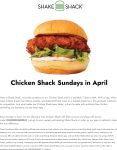 Free chicken shack on $10 Sundays at Shake Shack via promo code CHICKENSUNDAY #shakeshack