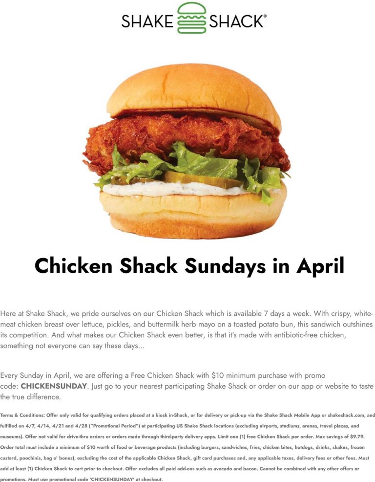 Free chicken shack on $10 Sundays at Shake Shack via promo code CHICKENSUNDAY