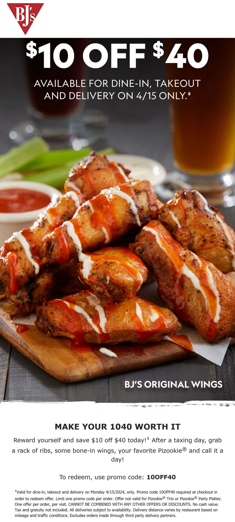 $10 off $40 today at BJs Restaurant or online via promo code 10OFF40 #