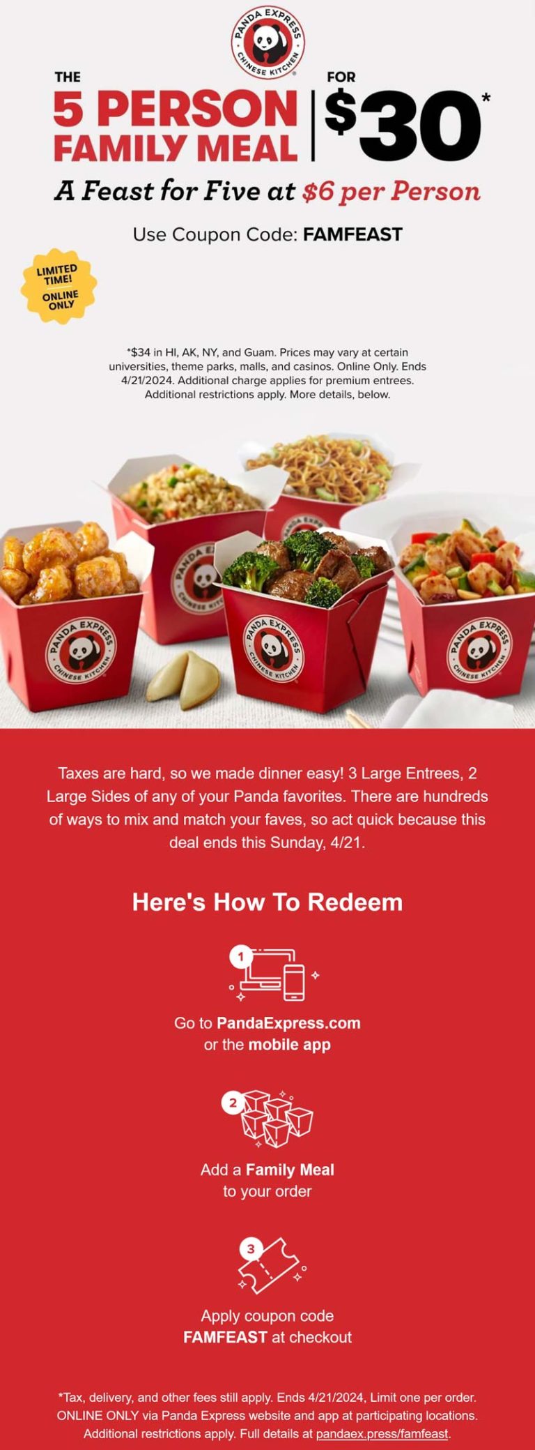 5-person family meal = $30 at Panda Express via promo code FAMFEAST