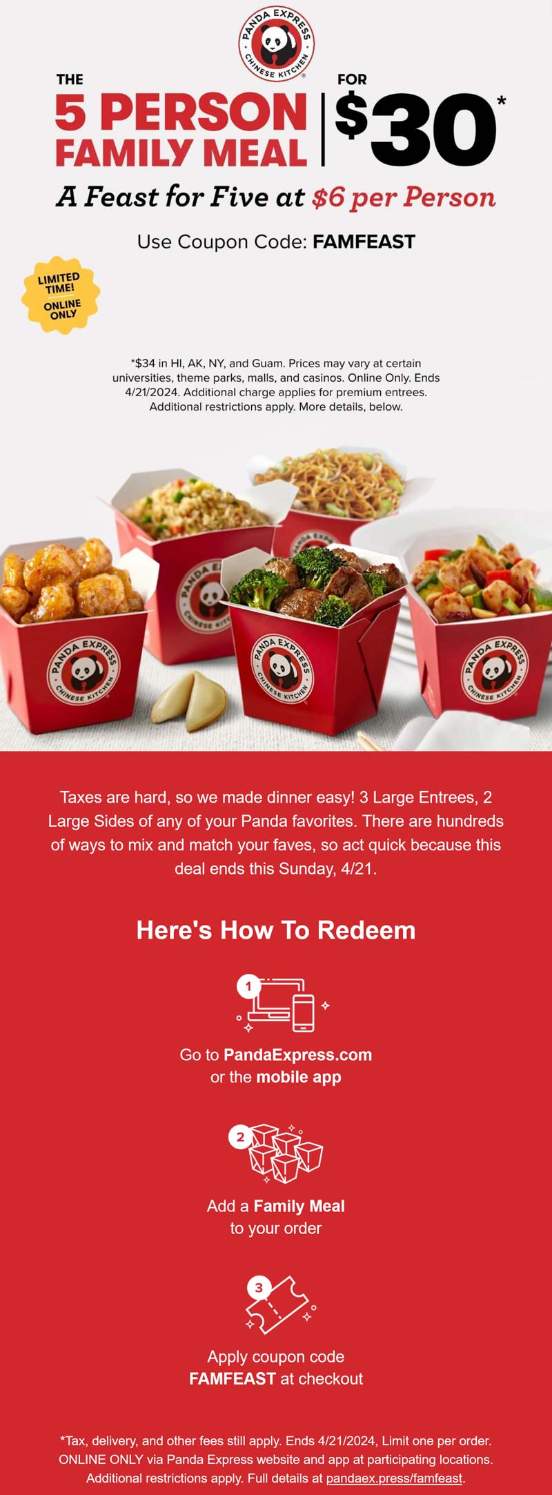 5person family meal = 30 at Panda Express via promo code FAMFEAST 