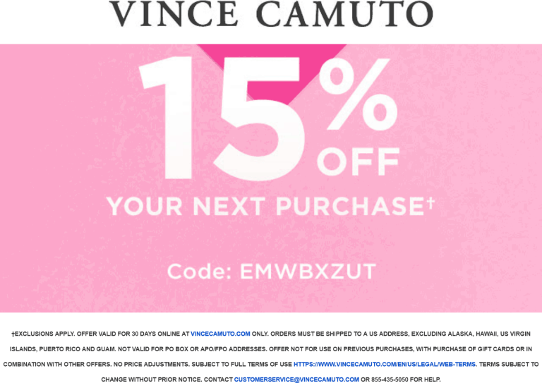 15% off online at Vince Camuto via promo code EMWBXZUT