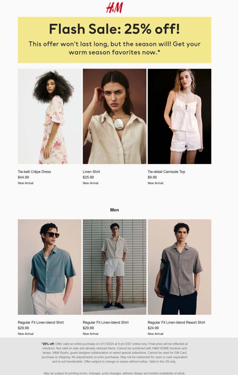 H&M coupon: 25% off today at 9pm EST online at H&M