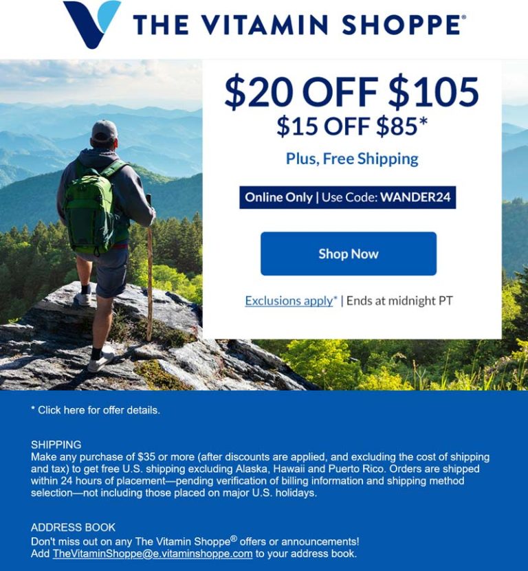 $15-$20 off $85+ today at The Vitamin Shoppe via promo code WANDER24