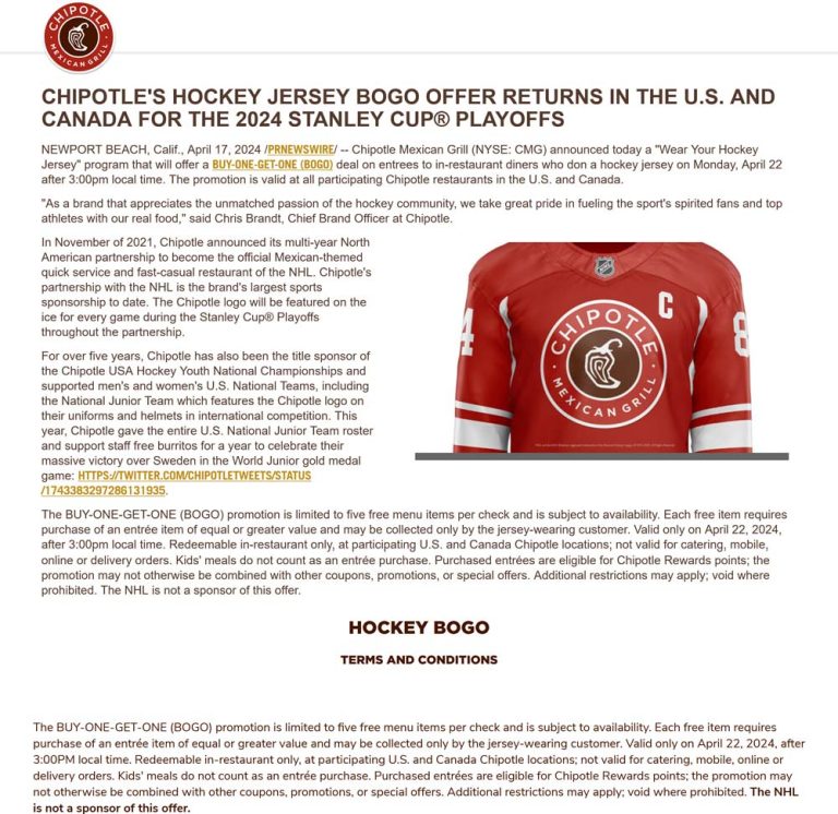 Wear a hockey jersey for second burrito free Monday at Chipotle restaurants