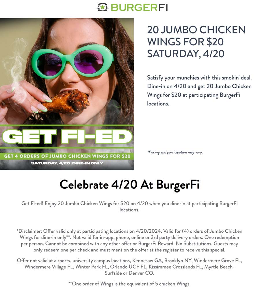 4 orders of jumbo chicken wings for $20 today at BurgerFi #burgerfi ...