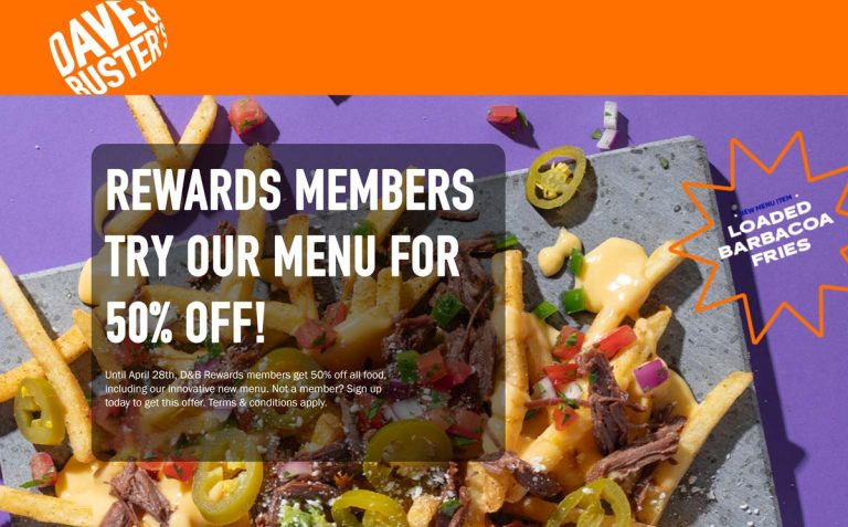 Dave & Busters coupon: 50% off all food via login at Dave & Busters