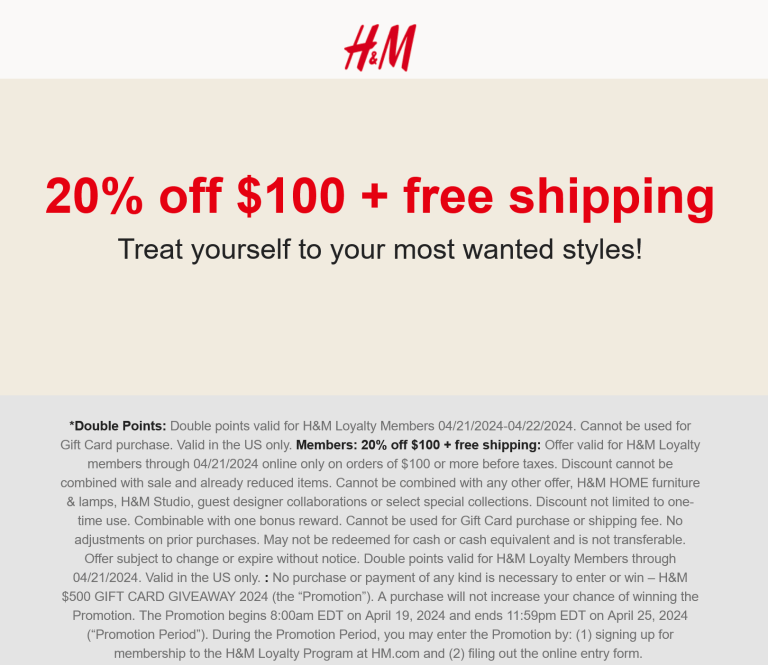 H&M coupon: 20% off $100 online at H&M